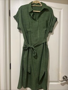 Max Studio Olive Green Midi Shirt Dress with Waist Tie